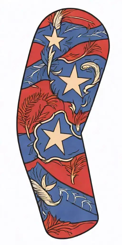 Incorporate a Texas flag, law enforcement badge 496 , 13 indian feathers, Initials HJT, initials WRT tattoo design idea