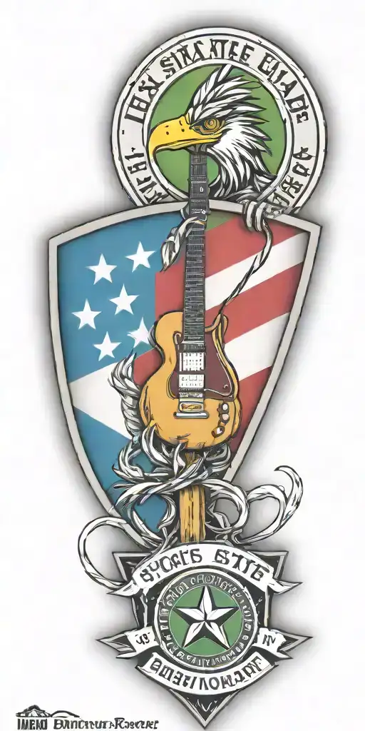 Texas state flag, police shield badge, fender guitar, green ribbon, fighter jet, woody the woodpecker, roadrunner tattoo design idea