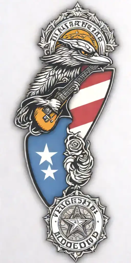 Texas state flag, police shield badge, fender guitar, green ribbon, F-14 Tomcat, woody the woodpecker, roadrunner tattoo design idea