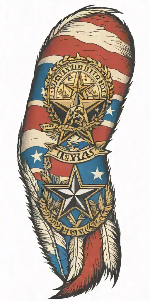 State of Texas flag in color, law enforcement badge, 13 feathers, "HJT",  "WRT", mostly black colors tattoo design idea