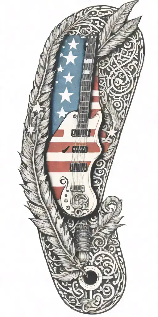 Texas flag, law enforcement badge, indian feathers, harley-davidson , electric guitar, bass clef, treble clef,   tattoo design idea