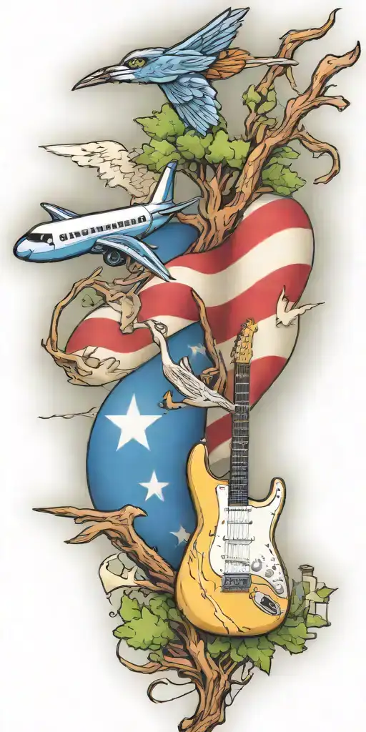 Texas, fender guitar, awareness ribbon, jet airplane, forest, roadrunner tattoo design idea