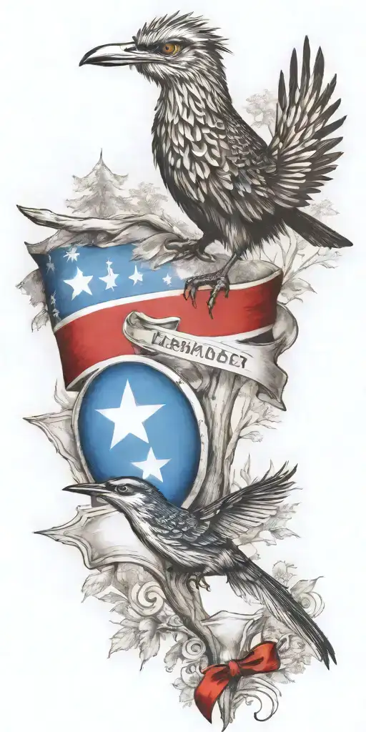 Texas, fender guitar, awareness ribbon, jet airplane, forest, roadrunner tattoo design idea