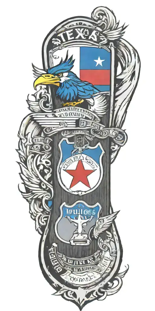 Texas flag, police shield badge, fender guitar, NICU Awareness, Lunar module, woody woodpecker, roadrunner tattoo design idea