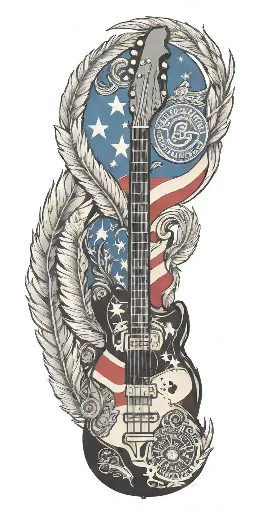 Texas flag, law enforcement badge, indian feathers, harley-davidson , fender guitar, bass clef, treble clef,   tattoo design idea