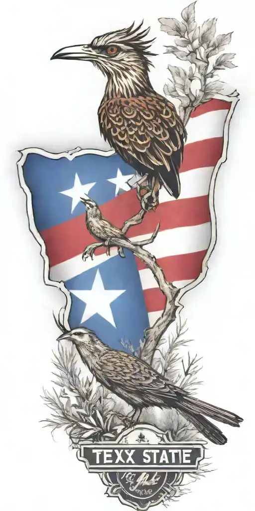 Texas state flag, fender guitar, awareness ribbon, jet airplane, forest, roadrunner tattoo design idea
