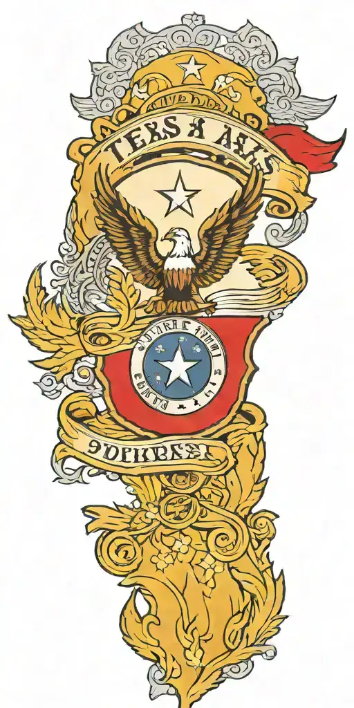 Incorporate a Texas flag, police badge number 496, 13 small feathers, Initials HJT and WRT tattoo design idea