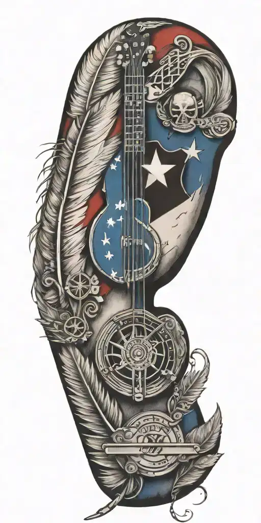 Texas flag, law enforcement badge, indian feathers, harley-davidson , guitar, bass clef, treble clef,   tattoo design idea