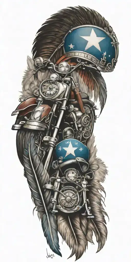 State of Texas flag and police badge and 10  feathers and harley-davidson motorcycle tattoo design idea