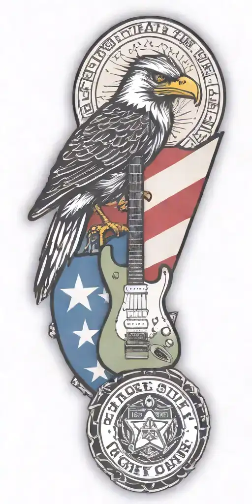 Texas state flag, police shield badge, fender guitar, green ribbon, F-14 Tomcat, woody the woodpecker, roadrunner tattoo design idea
