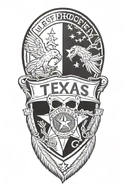 Texas flag with police badge and 10 individual feathers hanging with the initials HJT and WRT incorporated  tattoo design idea