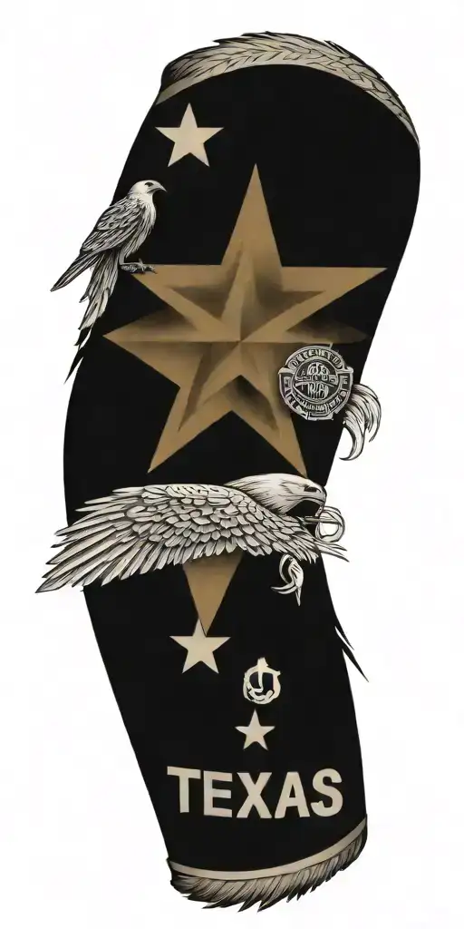 State of Texas flag with police badge and 10 individual feathers hanging and harley-davidson logo tattoo design idea