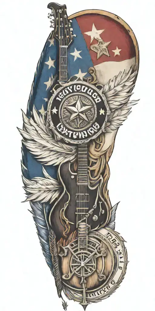 Texas flag, law enforcement badge, indian feathers, harley-davidson , guitar, music,   tattoo design idea