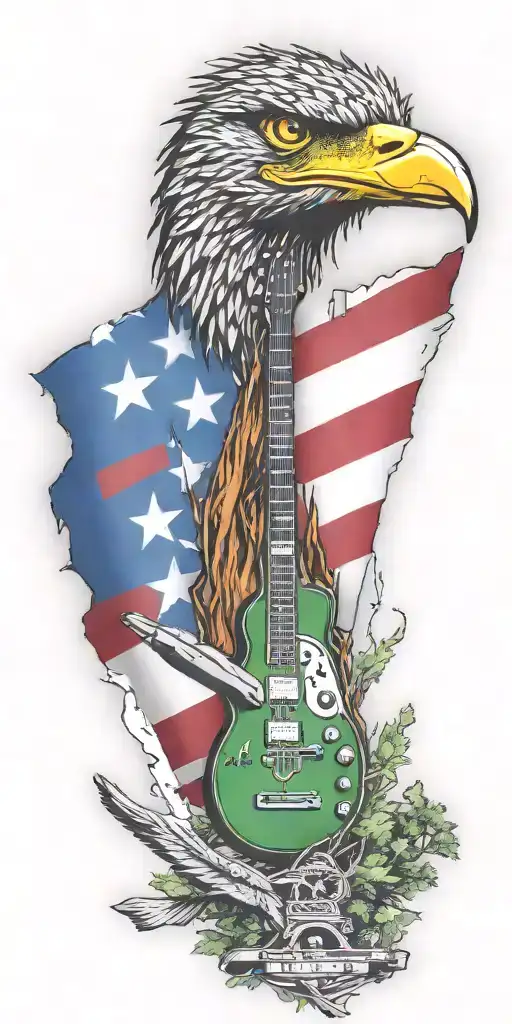 Texas state flag, fender guitar, green awareness ribbon, fighter jet, trees, roadrunner tattoo design idea