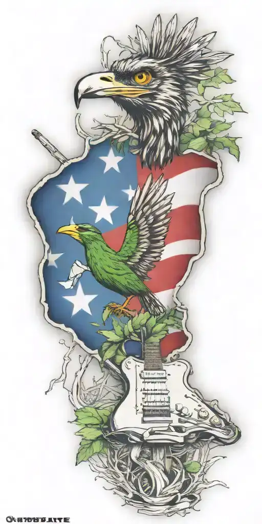 Texas state flag, fender guitar, green awareness ribbon, jet airplane, trees, roadrunner tattoo design idea