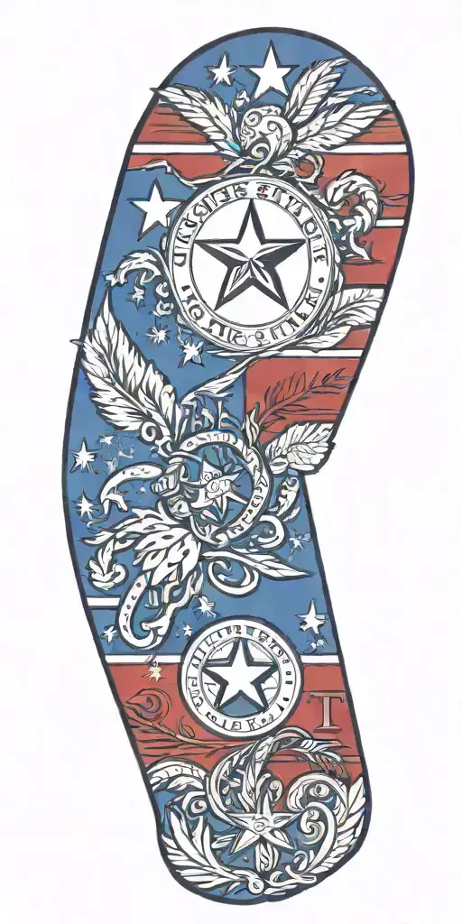 A new-school design of the Texas state flag with 13 feathers intertwined in the design, with the initials HJT and WRT subtly included tattoo design idea