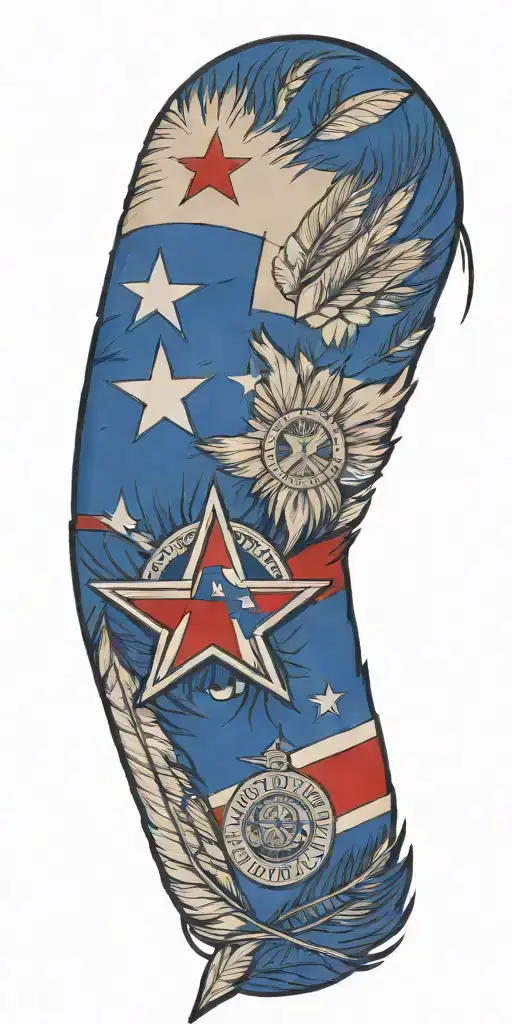 Incorporate a Texas flag, law enforcement badge 496 , 13 indian feathers, Initials HJT, initials WRT tattoo design idea