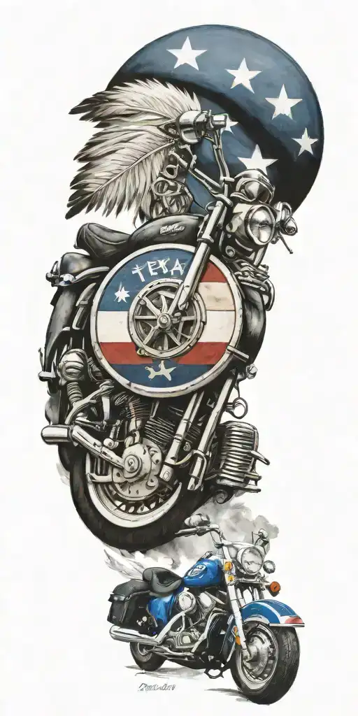 Texas flag, police, indian feathers, harley-davidson motorcycle, guitar, music,  tattoo design idea