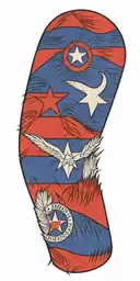 Incorporate a Texas flag, law enforcement badge 496 , 13 indian feathers, Initials HJT, initials WRT tattoo design idea