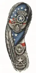 State of Texas flag and police badge and 10  feathers and 1 harley-davidson motorcycle tattoo design idea