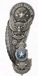 State of Texas flag and police badge and 10  feathers and 1 harley-davidson motorcycle tattoo design idea
