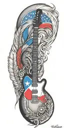 Texas flag, law enforcement badge, indian feathers, harley-davidson , fender guitar, bass clef, treble clef,   tattoo design idea