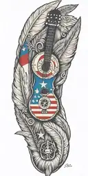 Texas flag, law enforcement badge, indian feathers, harley-davidson , fender guitar, bass clef, treble clef,   tattoo design idea