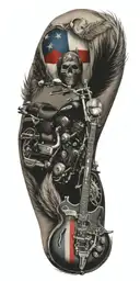 Texas flag, police, indian feathers, harley-davidson motorcycle, guitar, music,  tattoo design idea