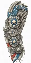 State of Texas flag with police badge and 10 individual feathers hanging and harley davidson motorcycle tattoo design idea