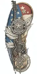 Texas flag, law enforcement badge, indian feathers, harley-davidson , guitar, music,   tattoo design idea