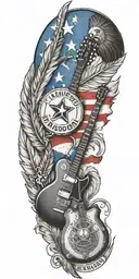 Texas flag, law enforcement badge, indian feathers, harley-davidson , guitar, music,   tattoo design idea