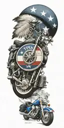 Texas flag, police, indian feathers, harley-davidson motorcycle, guitar, music,  tattoo design idea