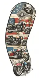 Texas flag, police, indian feathers, harley-davidson motorcycle, guitar, music,  tattoo design idea
