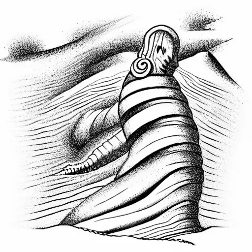 Paul Atreides stands on a desert on Dune and in front of him a SandWorm rises up tattoo design idea