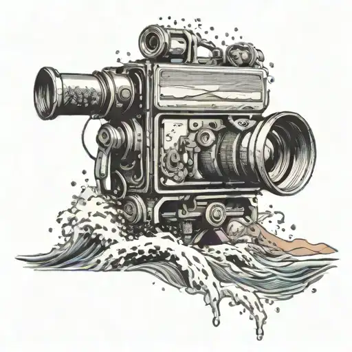 A movie camera shooting a scene of crashing waves on the beach tattoo design idea