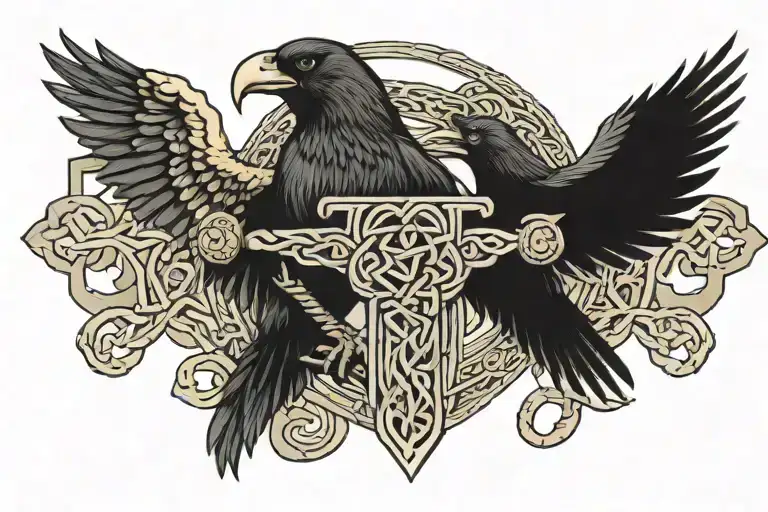 A Celtic knotwork design incorporating elements of Norse mythology such as Odin's ravens and Thor's hammer tattoo design idea