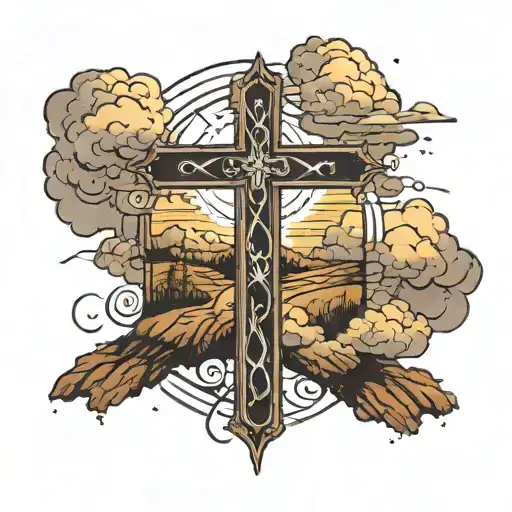 A dirt road leading to a cross surrounded in light and clouds  tattoo design idea