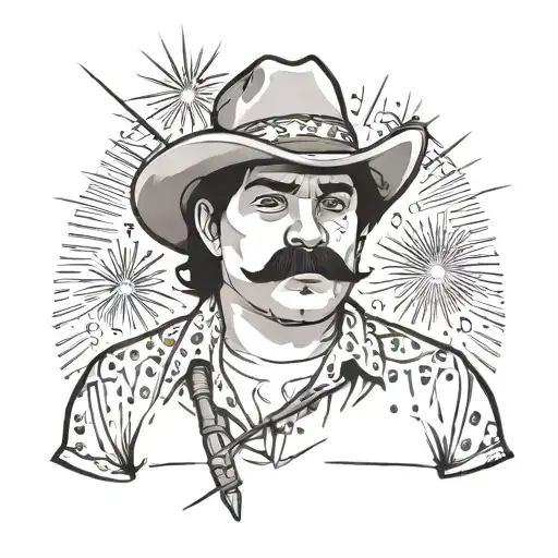 20 year-old male, chubby, dark hair, mullet, and mustache, wearing a hat. one eyeball holding a Roman candle firework tattoo design idea