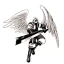 Zack Fair from Final Fantasy 7 with white angel wings Buster Sword from Final Fantasy 7 in-hand, gloomy background tattoo design idea