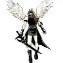 Zack Fair from Final Fantasy 7 with white angel wings Buster Sword from Final Fantasy 7 in-hand, gloomy background tattoo design idea