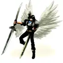 Zack Fair from Final Fantasy 7 with white angel wings Buster Sword from Final Fantasy 7 in-hand, gloomy background tattoo design idea