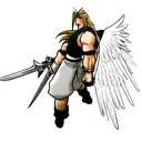 Zack Fair from Final Fantasy 7 with white angel wings Buster Sword from Final Fantasy 7 in-hand, gloomy background tattoo design idea