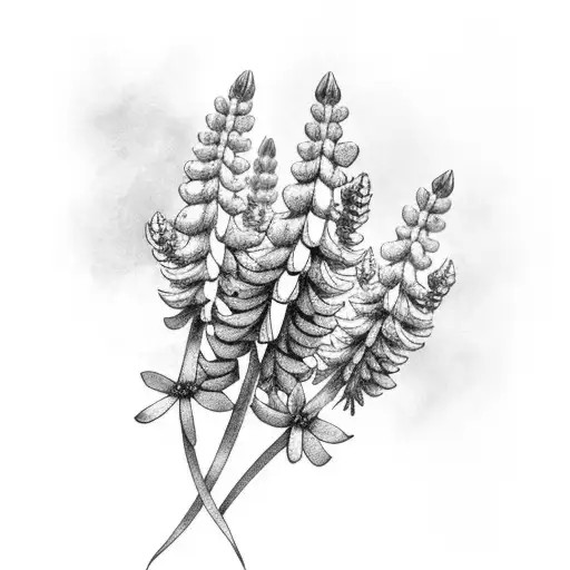 bouquet of lupine, bluebonnet, sea heather and California poppies tattoo design idea