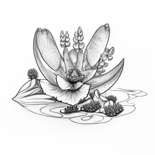 black line ink sketch of lupine, bluebonnet, sea heather and California poppies in a ring tattoo design idea