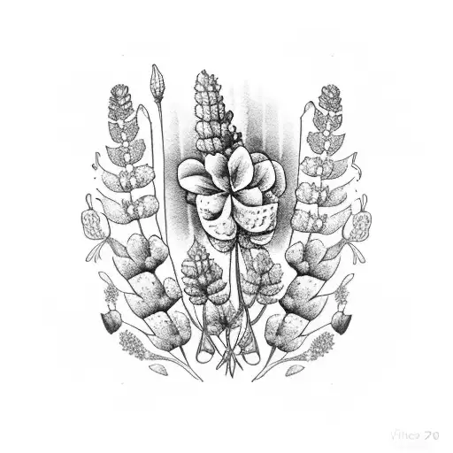 bouquet of lupine, bluebonnet, sea heather and California poppies tattoo design idea