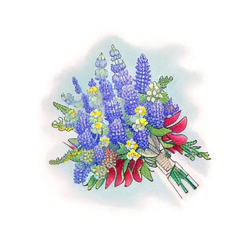 bouquet of lupine, bluebonnet, sea heather and California poppies tattoo design idea