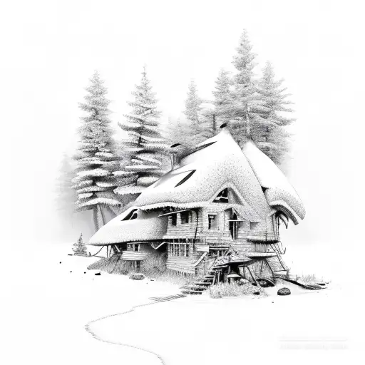 cottage forest fire winter tattoo design idea