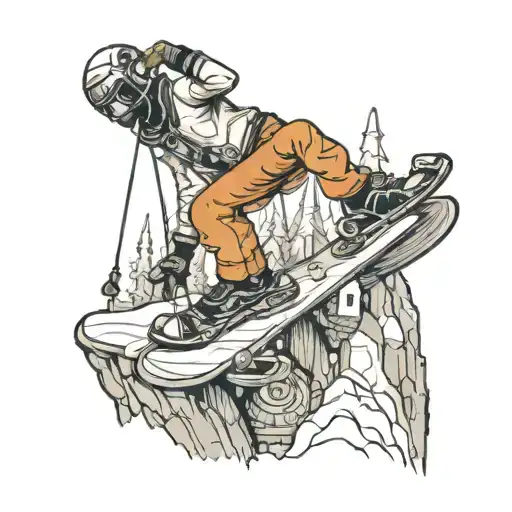 Hand-drawn marionette snowboard figure being dangled over a cliff while performing a method grab. tattoo design idea