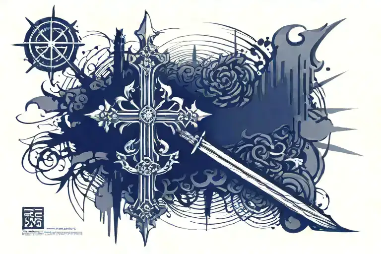 cross + samurai + still standing tattoo design idea