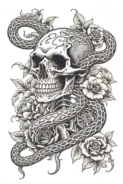 snake skeleton with flowers tattoo design idea
